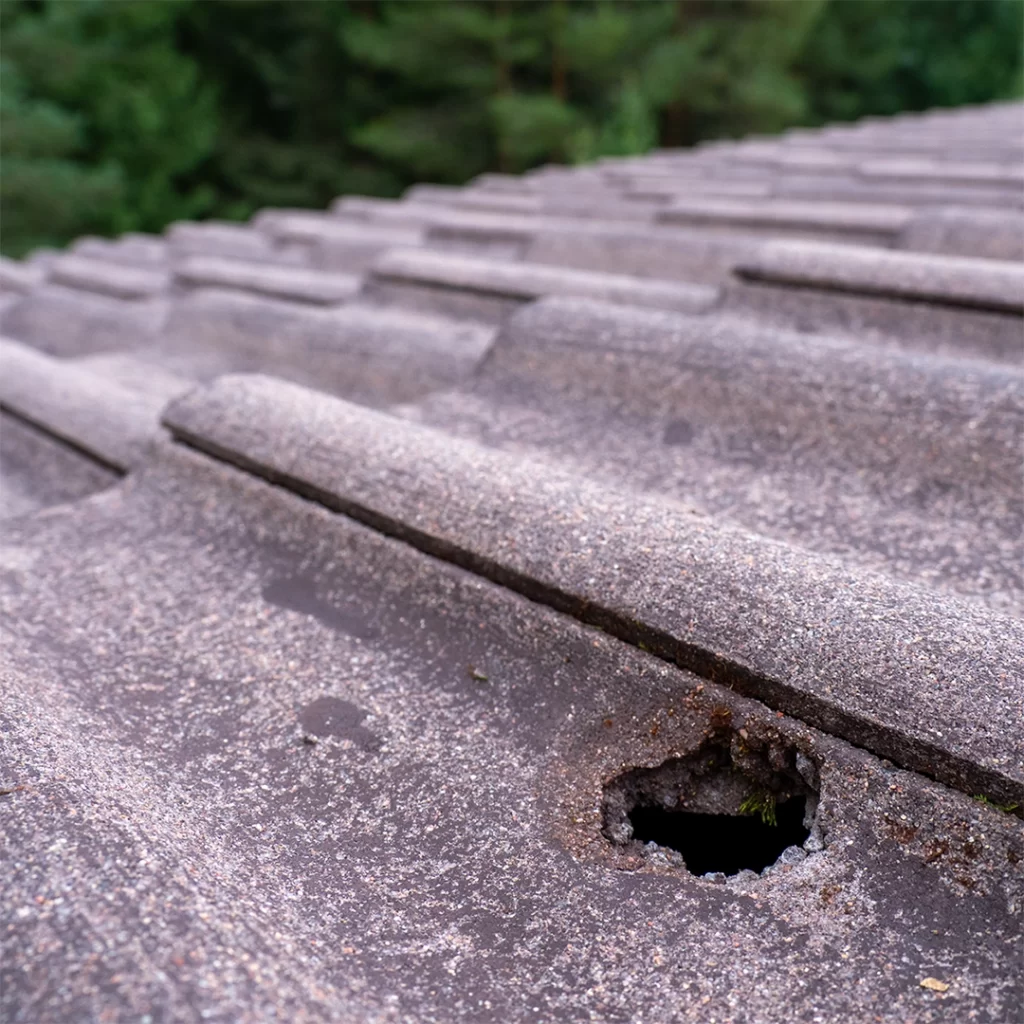 Lähikuva tiilikattoon sammaleen johdosta syöpyneestä reiästä