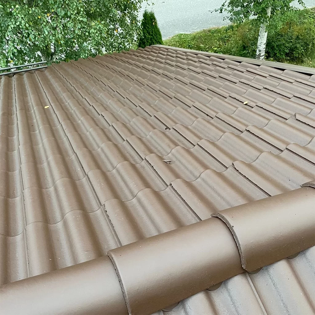 Lähikuva puhdistetusta ja maalatusta tiilikatosta.